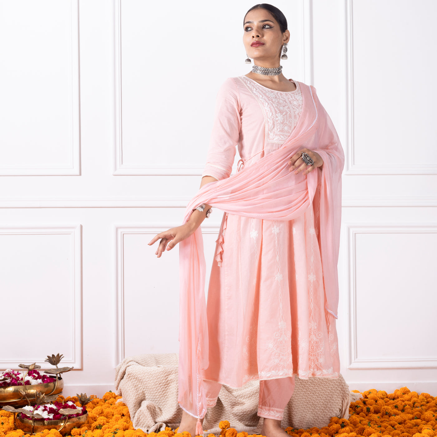 Peach Embroidered Kurta with Pants and Dupatta